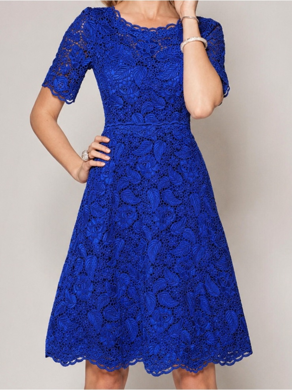 Rickie Freeman Teri Jon Cobalt Blue Lace Cocktail Dress 10 Wedding Guest Party